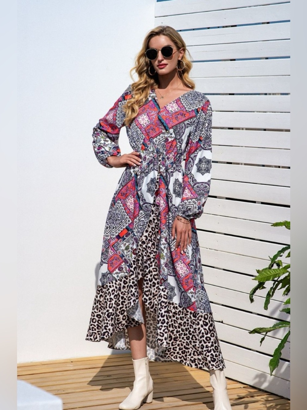 Leopard Ruffle Trim V-Neck Printed Dress - Picture 5 of 6